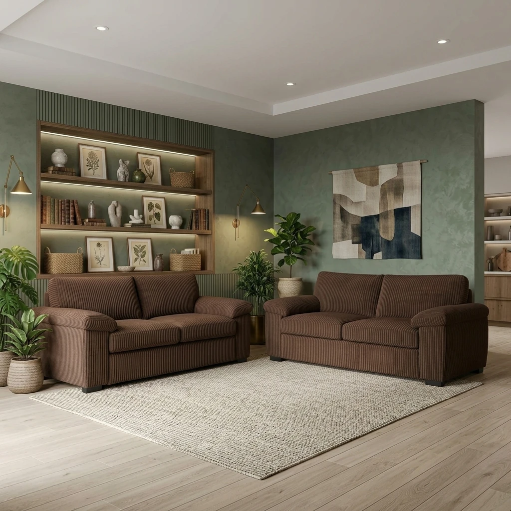 Amalfi Brown Jumbo Cord 3+2 Seater Sofa Set – Modern High Back Sofa