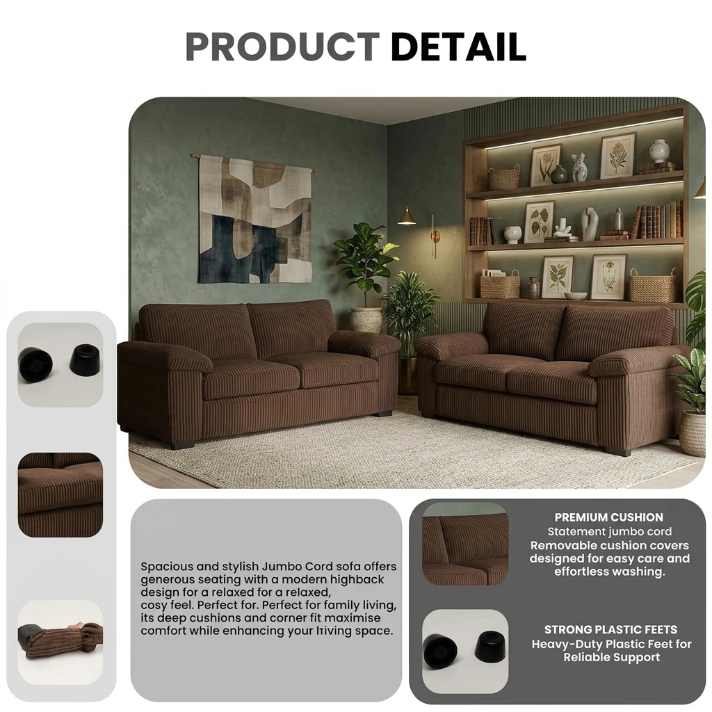 Amalfi Brown Jumbo Cord 3+2 Seater Sofa Set – Modern High Back Sofa