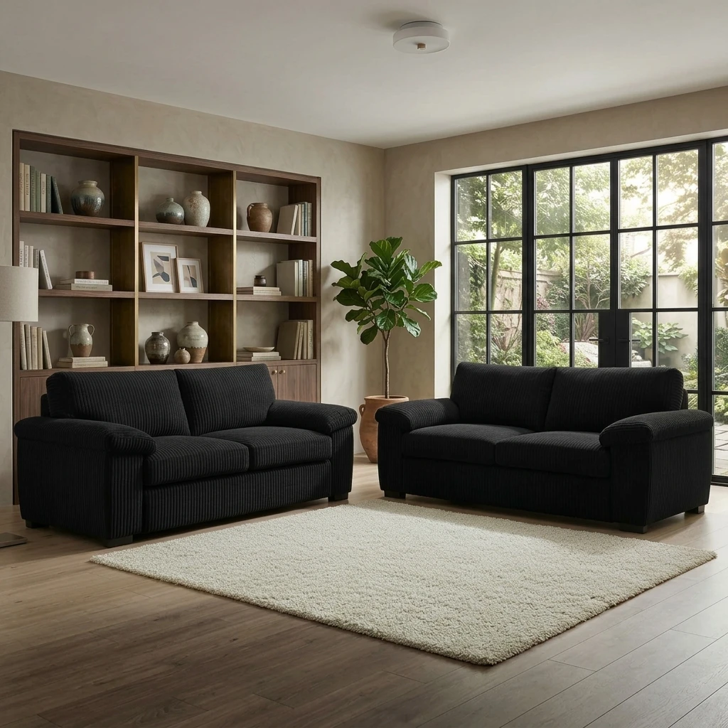 Amalfi Black Jumbo Cord 3+2 Seater Sofa Set – Modern High Back Sofa