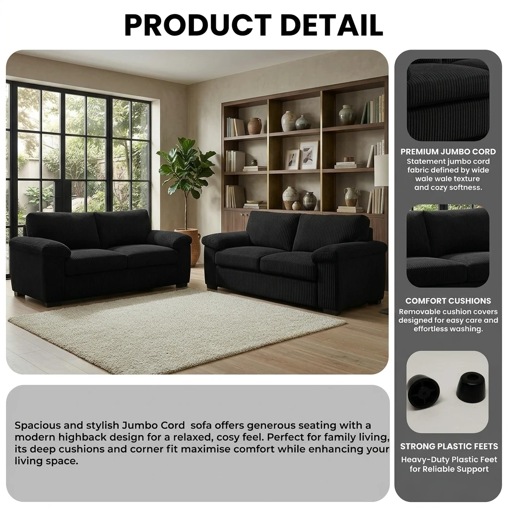 Amalfi Black Jumbo Cord 3+2 Seater Sofa Set – Modern High Back Sofa