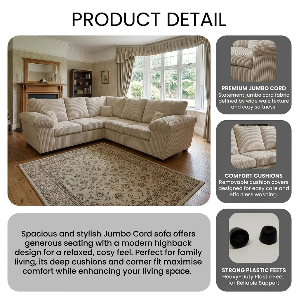 Amalfi Cream Jumbo Cord 2C2 High Back Sofa Set