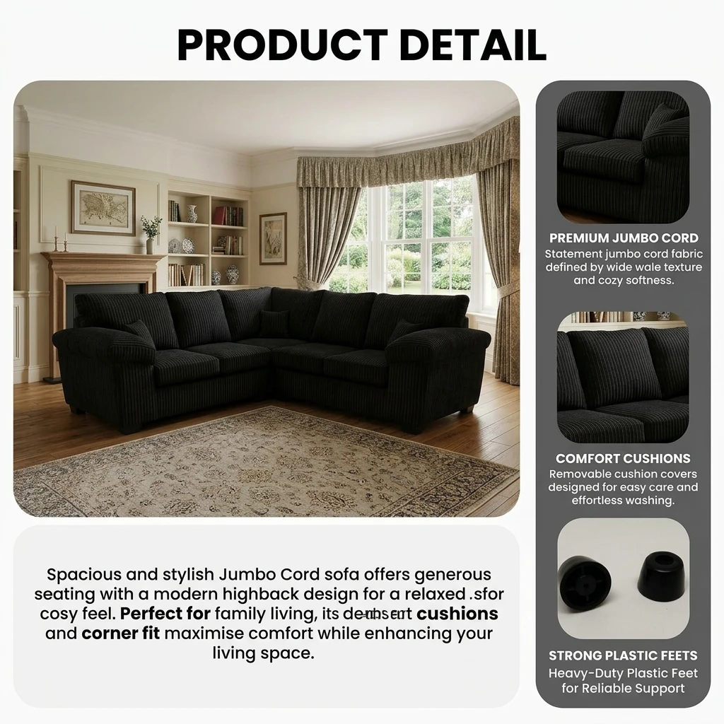 Amalfi Black Jumbo Cord 2C2 High Back Sofa Set