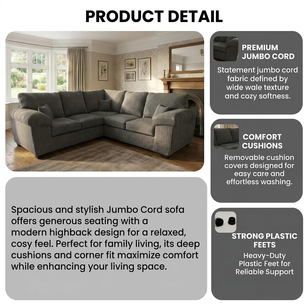 Amalfi Grey Jumbo Cord 2C2 High Back Sofa Set