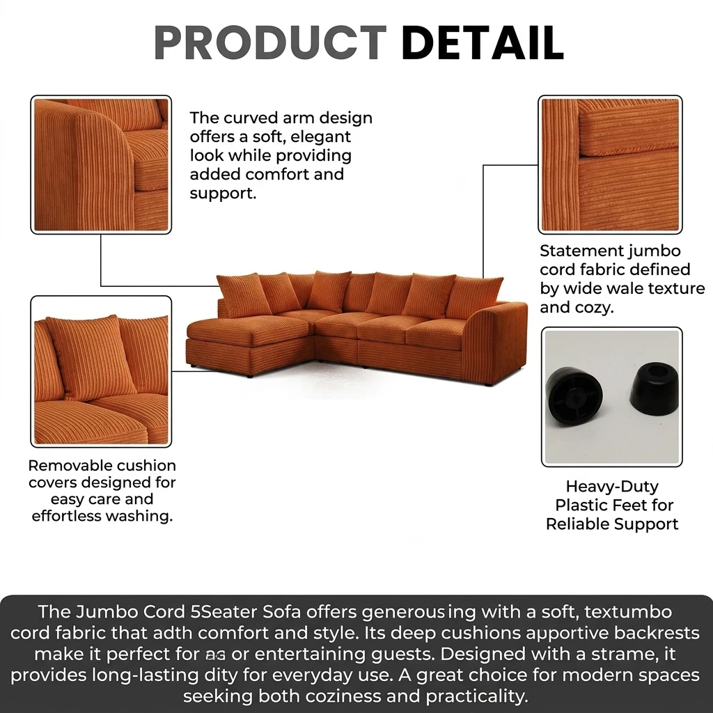 Orange Jumbo Cord Left Hand Corner Sofa – 4–5 Seater L-Shaped Sofa with Chaise & Scatter Back Cushions