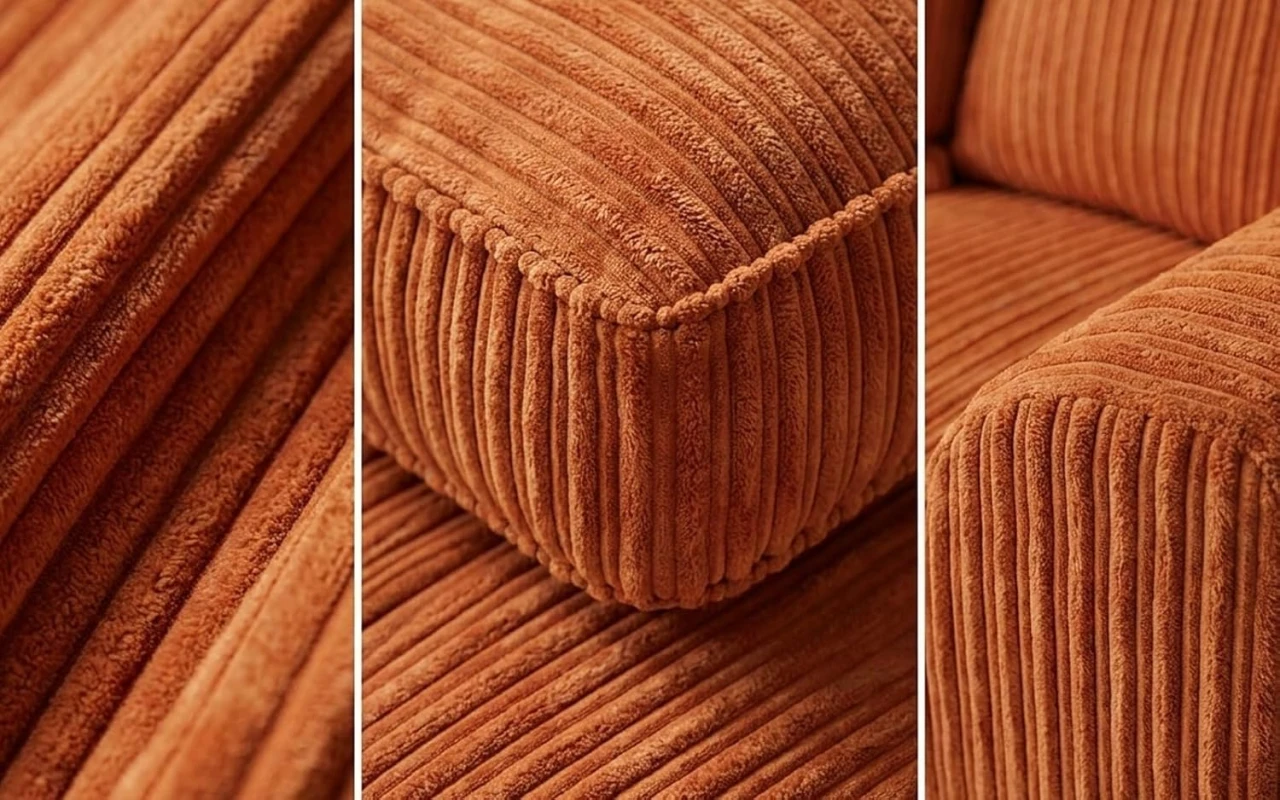 Orange Jumbo Cord Left Hand Corner Sofa – 4–5 Seater L-Shaped Sofa with Chaise & Scatter Back Cushions