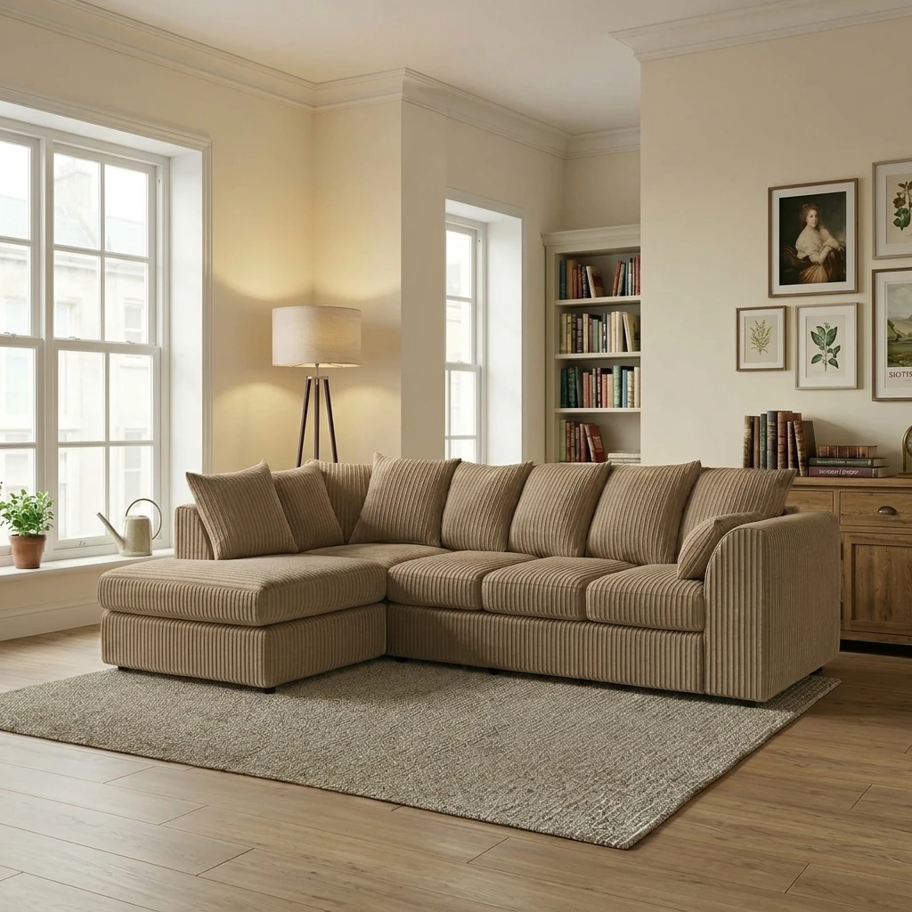 Beige Jumbo Cord Left Hand Corner Sofa – 4–5 Seater L-Shaped Sofa with Chaise & Scatter Back Cushions