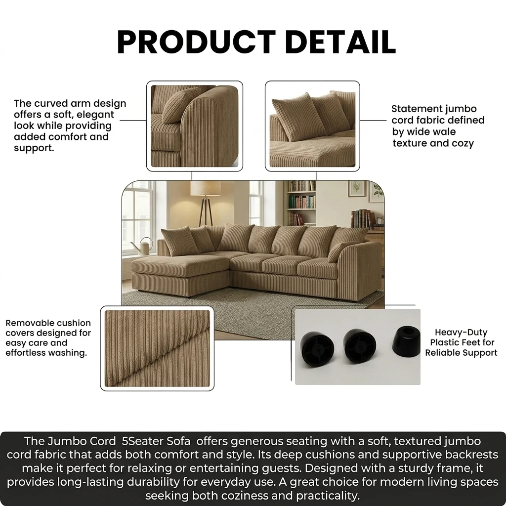 Beige Jumbo Cord Left Hand Corner Sofa – 4–5 Seater L-Shaped Sofa with Chaise & Scatter Back Cushions