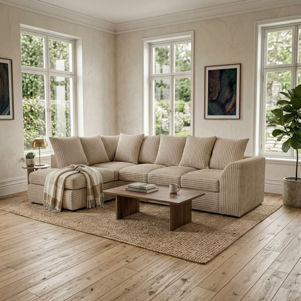 Beige Jumbo Cord Left Hand Corner Sofa – 4–5 Seater L-Shaped Sofa with Chaise & Scatter Back Cushions