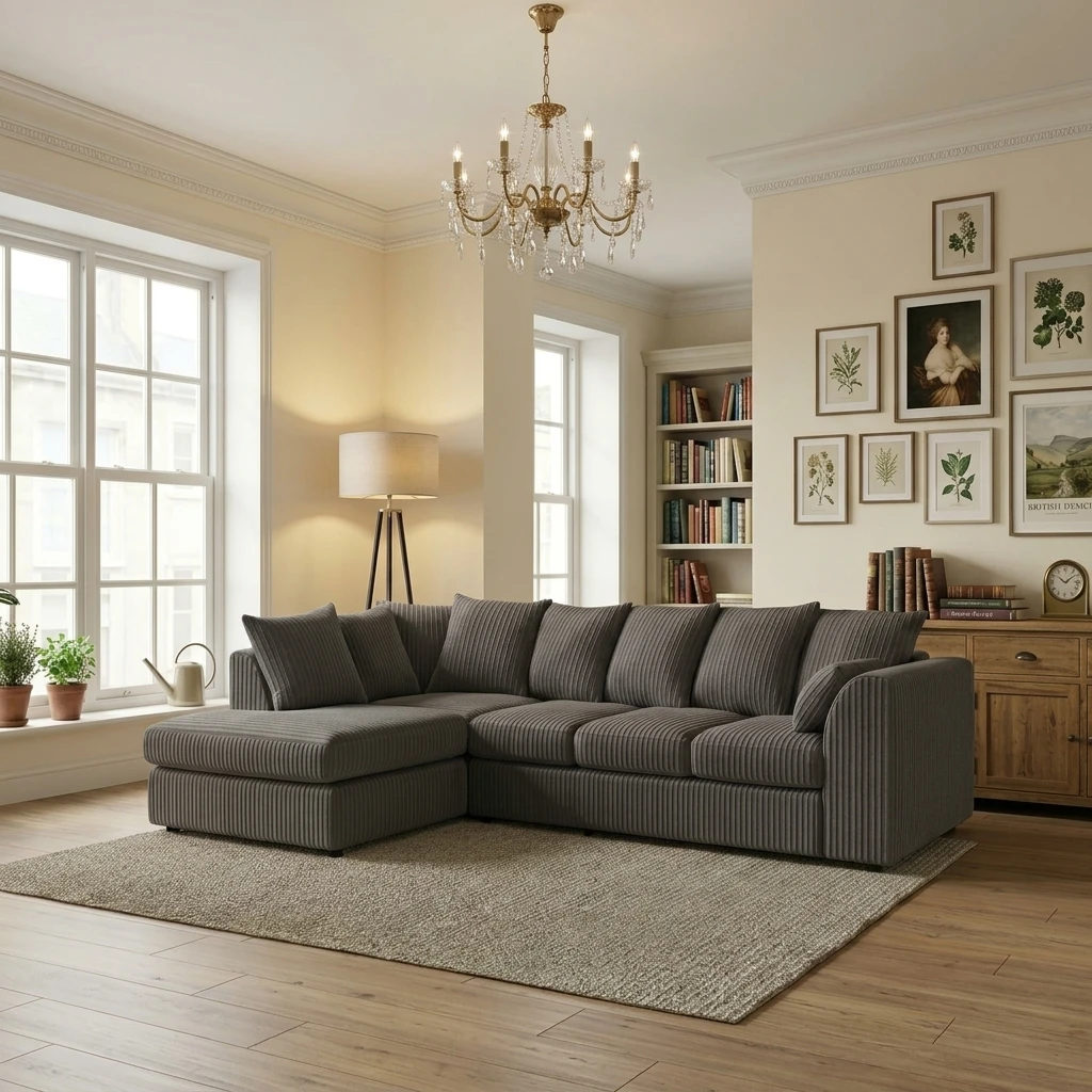 Grey Jumbo Cord Left Hand Corner Sofa – 4–5 Seater L-Shaped Sofa with Chaise & Scatter Back Cushions