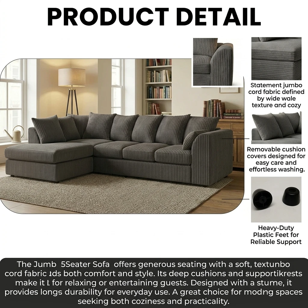 Grey Jumbo Cord Left Hand Corner Sofa – 4–5 Seater L-Shaped Sofa with Chaise & Scatter Back Cushions