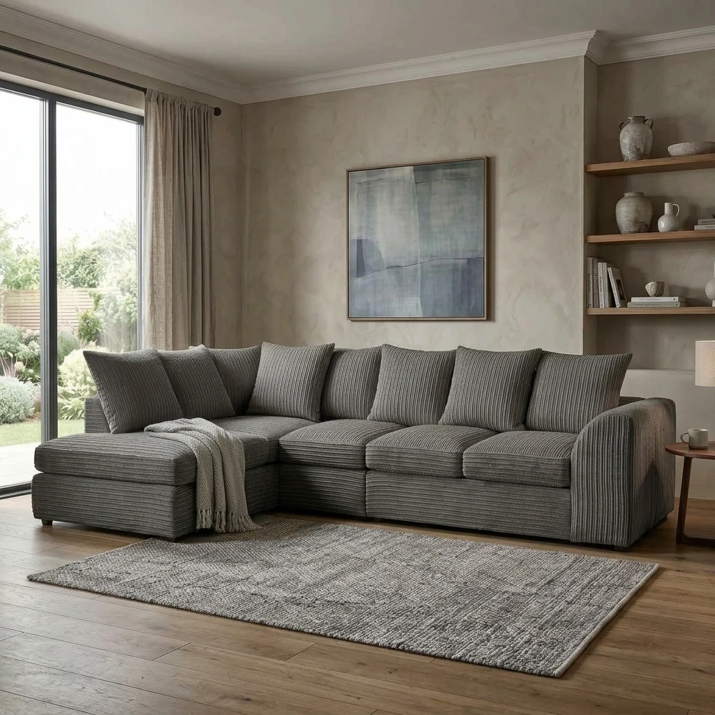 Grey Jumbo Cord Left Hand Corner Sofa – 4–5 Seater L-Shaped Sofa with Chaise & Scatter Back Cushions
