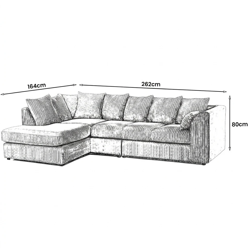 Grey Jumbo Cord Left Hand Corner Sofa – 4–5 Seater L-Shaped Sofa with Chaise & Scatter Back Cushions