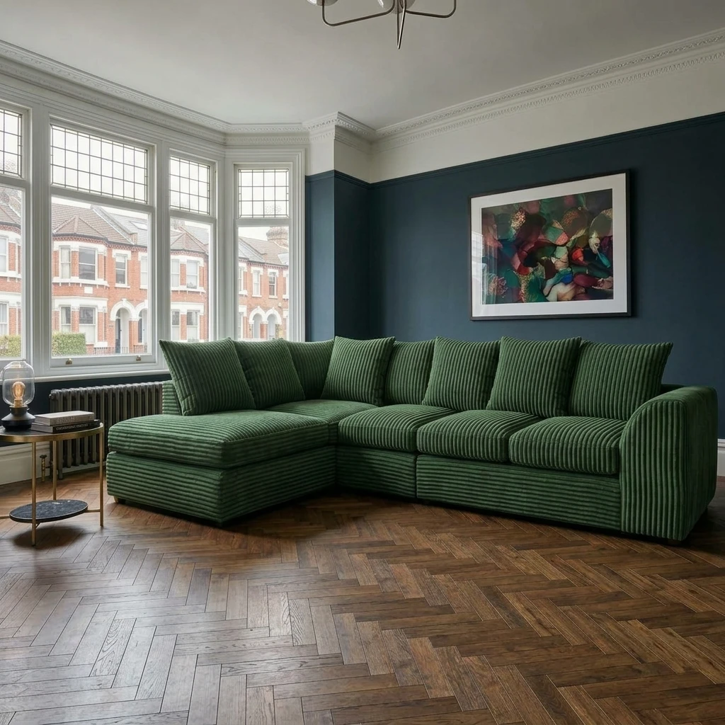 Green Jumbo Cord Left Hand Corner Sofa – 4–5 Seater L-Shaped Sofa with Chaise & Scatter Back Cushions