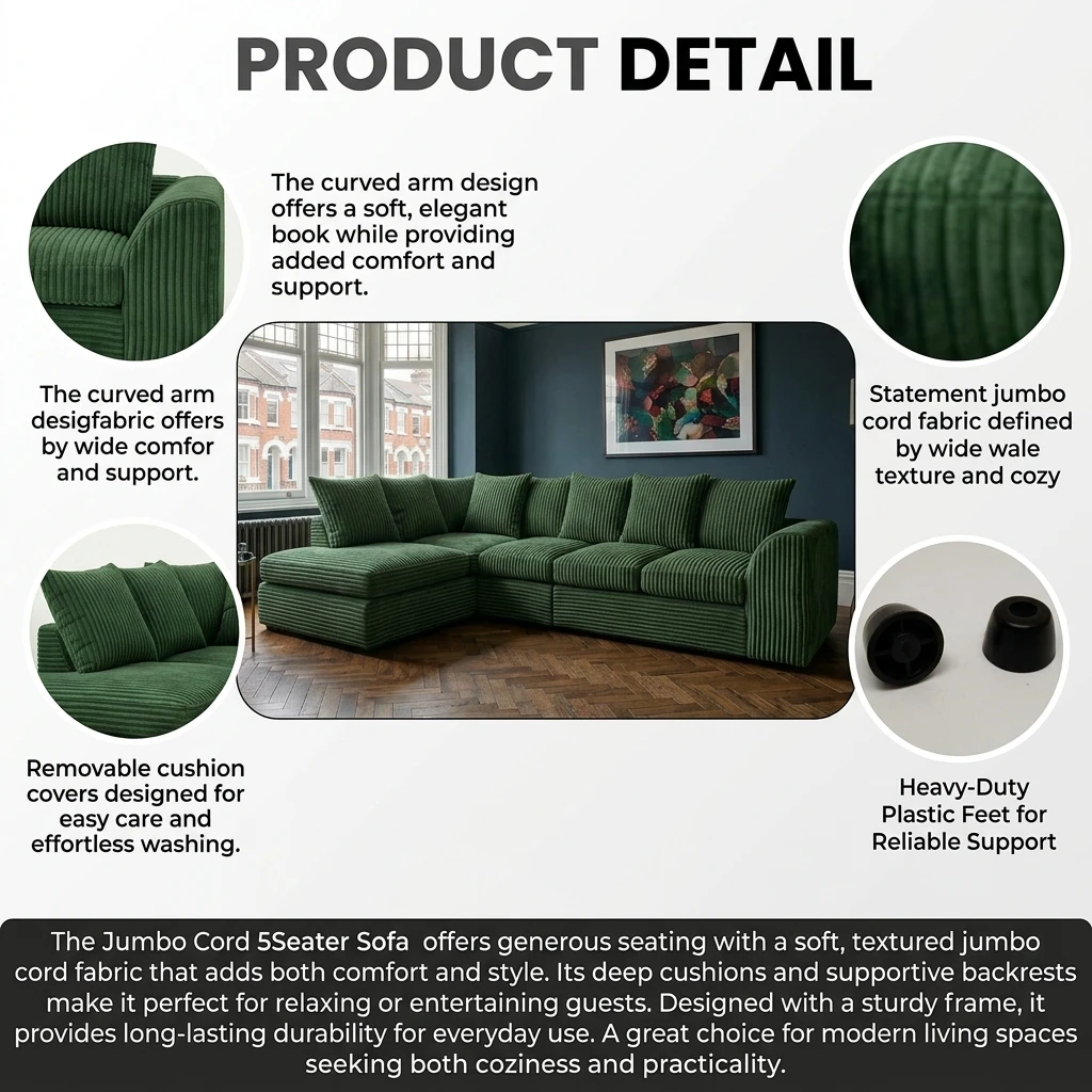 Green Jumbo Cord Left Hand Corner Sofa – 4–5 Seater L-Shaped Sofa with Chaise & Scatter Back Cushions