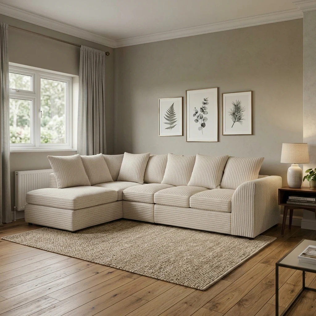 Cream Jumbo Cord Left Hand Corner Sofa – 4–5 Seater L-Shaped Sofa with Chaise & Scatter Back Cushions