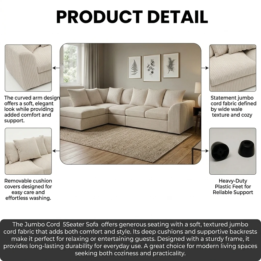 Cream Jumbo Cord Left Hand Corner Sofa – 4–5 Seater L-Shaped Sofa with Chaise & Scatter Back Cushions