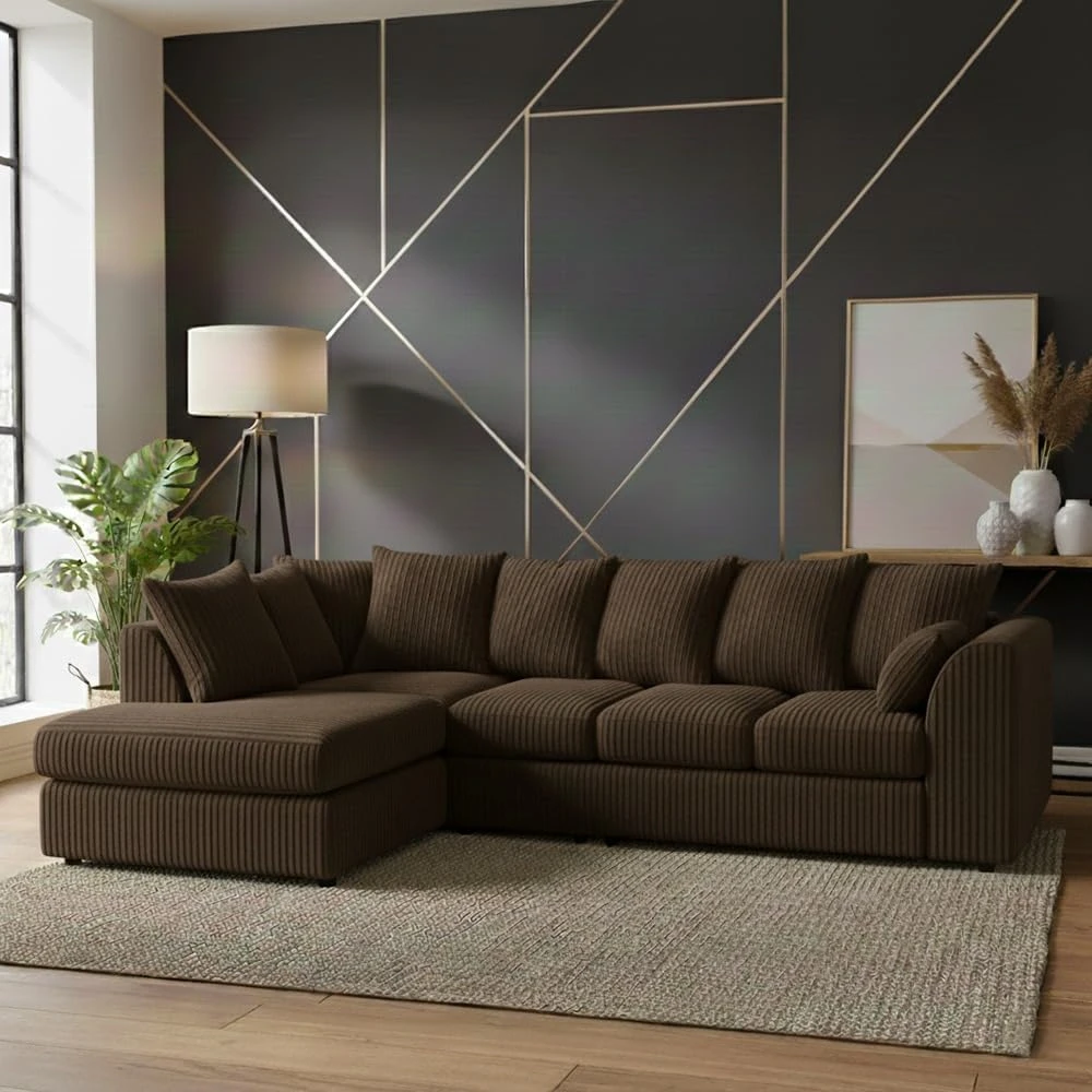Brown Jumbo Cord Left Hand Corner Sofa – 4–5 Seater L-Shaped Sofa with Chaise & Scatter Back Cushions