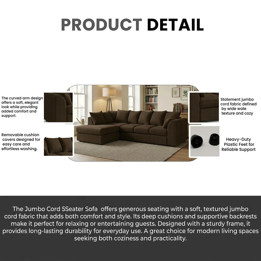 Brown Jumbo Cord Left Hand Corner Sofa – 4–5 Seater L-Shaped Sofa with Chaise & Scatter Back Cushions