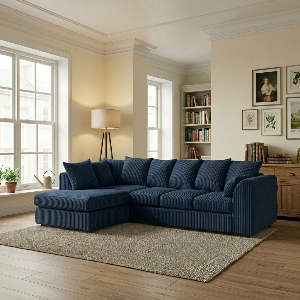 Blue Jumbo Cord Left Hand Corner Sofa – 4–5 Seater L-Shaped Sofa with Chaise & Scatter Back Cushions
