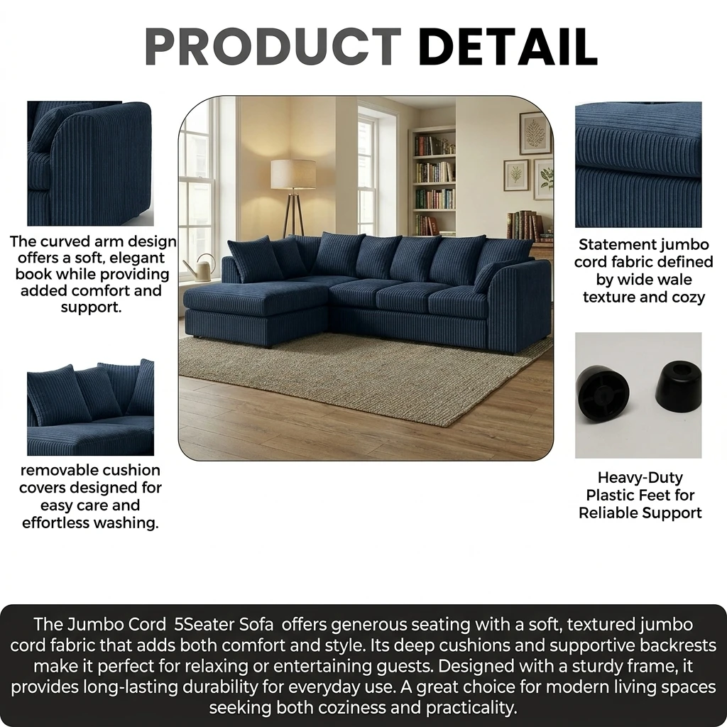 Blue Jumbo Cord Left Hand Corner Sofa – 4–5 Seater L-Shaped Sofa with Chaise & Scatter Back Cushions
