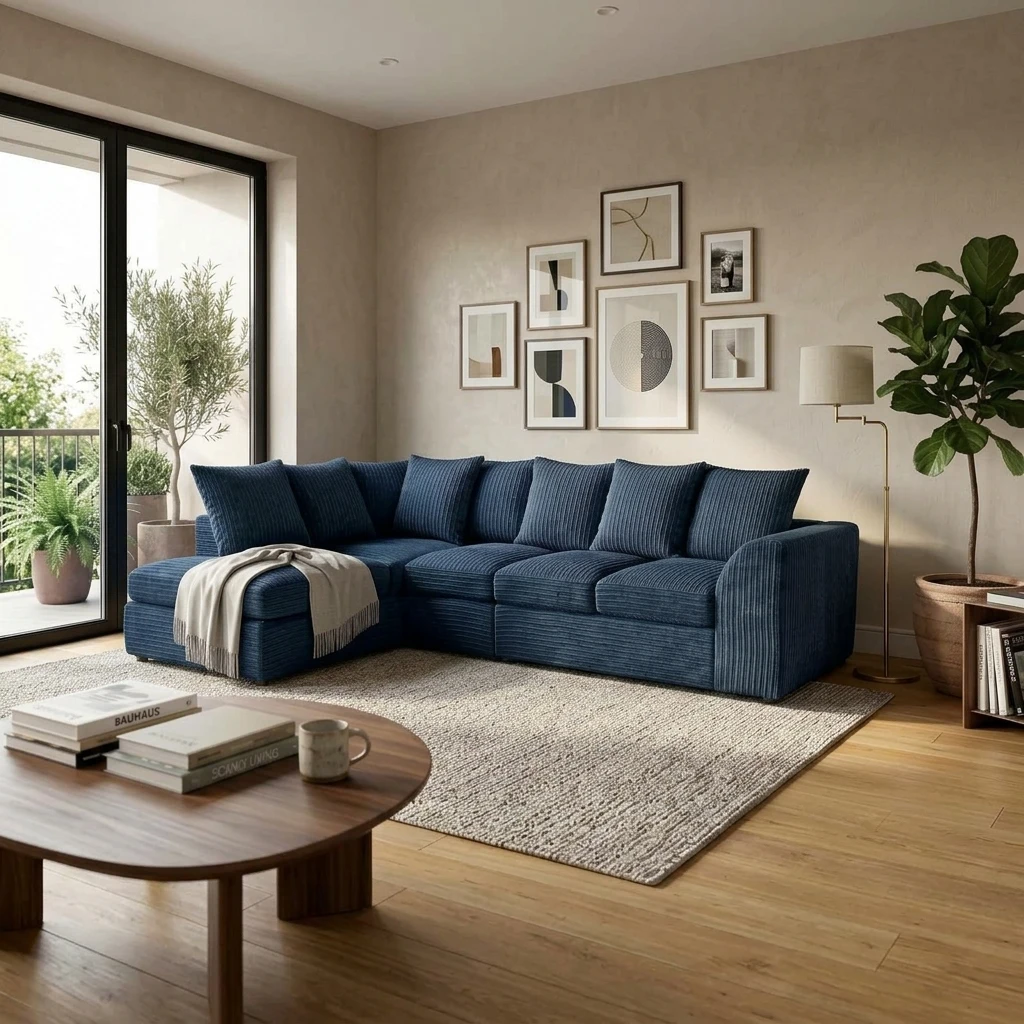 Blue Jumbo Cord Left Hand Corner Sofa – 4–5 Seater L-Shaped Sofa with Chaise & Scatter Back Cushions