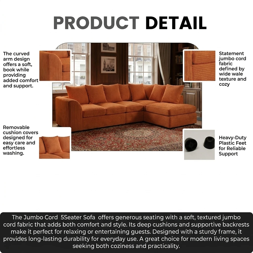 Orange Jumbo Cord Right Hand Corner Sofa – 4–5 Seater L-Shaped Sofa with Chaise & Scatter Back Cushions