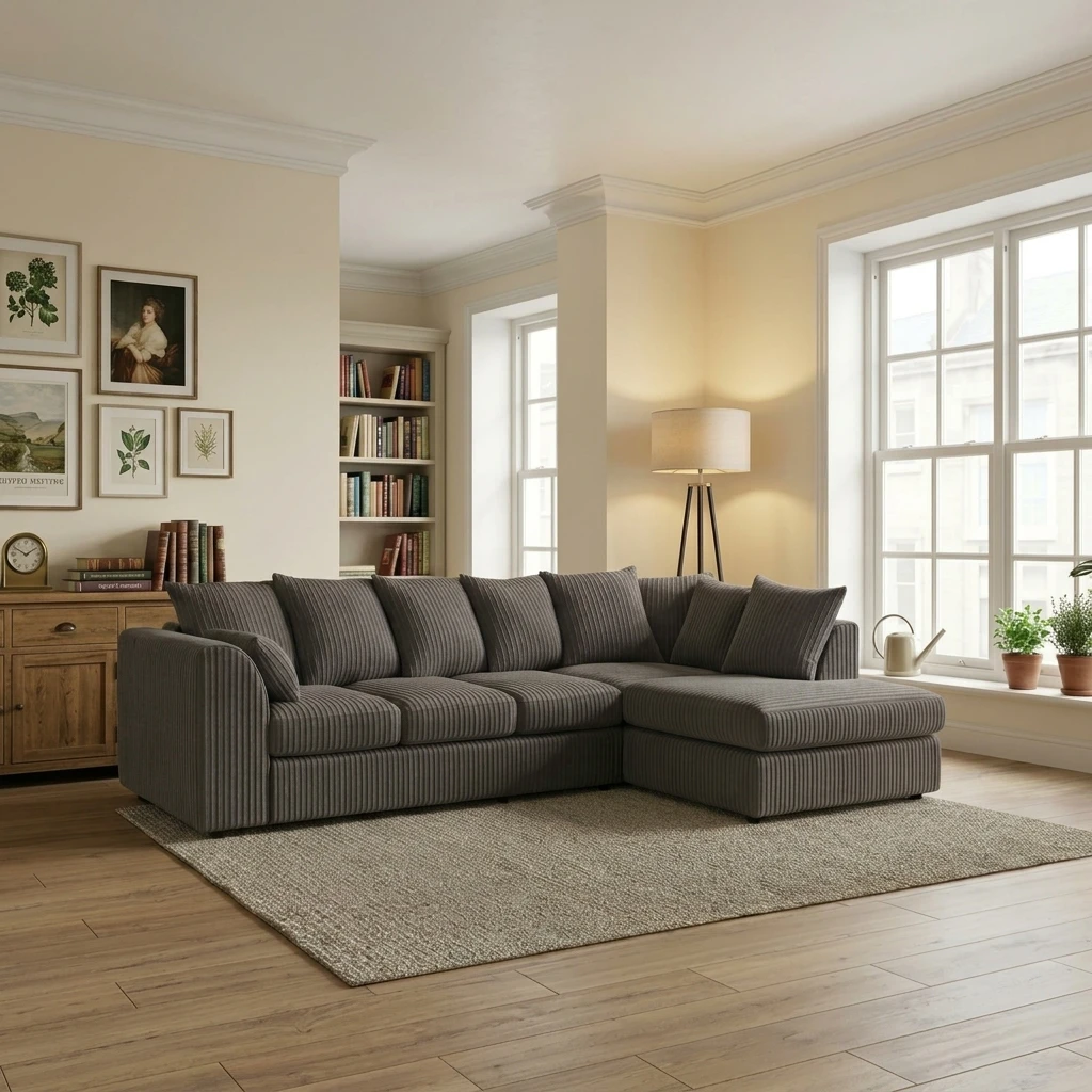 Grey Jumbo Cord Right Hand Corner Sofa – 4–5 Seater L-Shaped Sofa with Chaise & Scatter Back Cushions