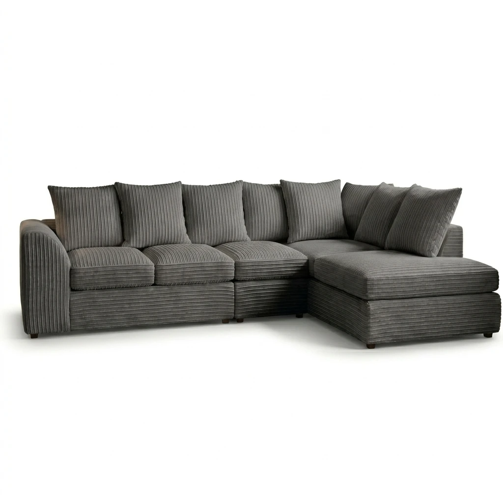 Grey Jumbo Cord Right Hand Corner Sofa – 4–5 Seater L-Shaped Sofa with Chaise & Scatter Back Cushions