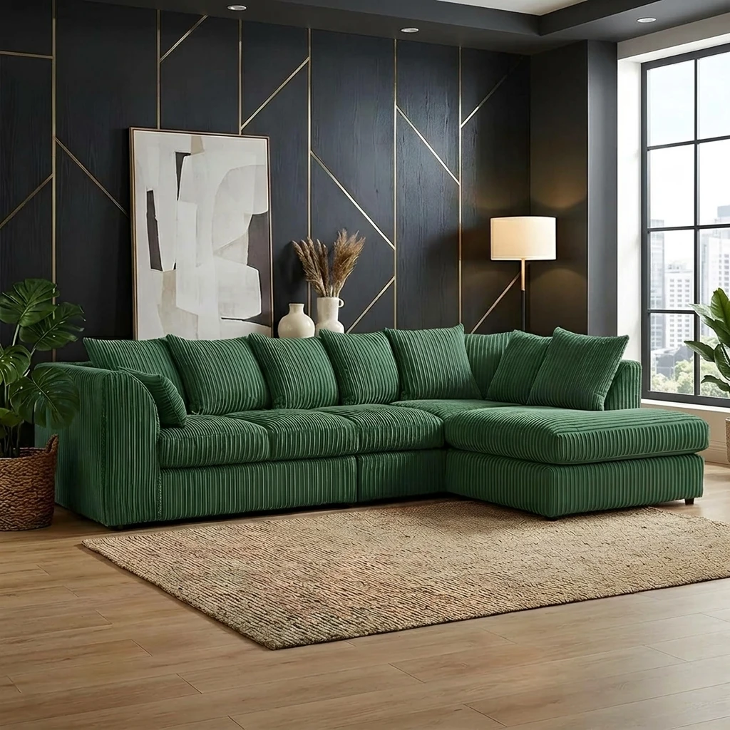 Green Jumbo Cord Right Hand Corner Sofa – 4–5 Seater L-Shaped Sofa with Chaise & Scatter Back Cushions