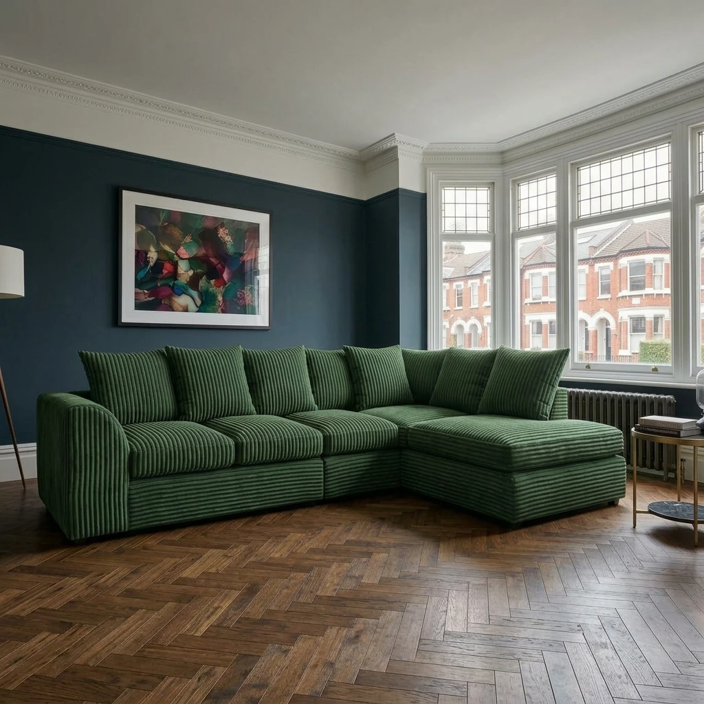 Green Jumbo Cord Right Hand Corner Sofa – 4–5 Seater L-Shaped Sofa with Chaise & Scatter Back Cushions