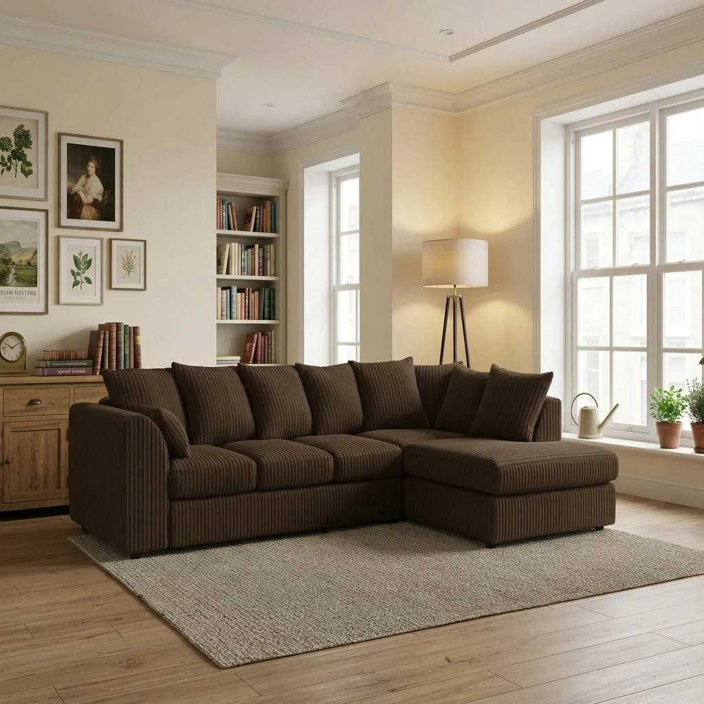 Brown Jumbo Cord Right Hand Corner Sofa – 4–5 Seater L-Shaped Sofa with Chaise & Scatter Back Cushions