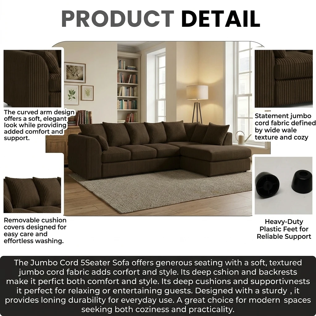 Brown Jumbo Cord Right Hand Corner Sofa – 4–5 Seater L-Shaped Sofa with Chaise & Scatter Back Cushions