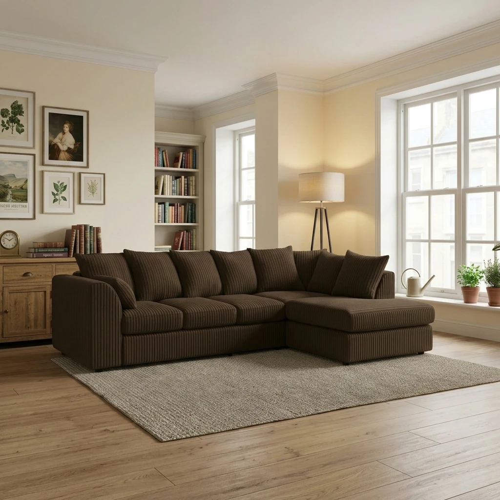 Brown Jumbo Cord Right Hand Corner Sofa – 4–5 Seater L-Shaped Sofa with Chaise & Scatter Back Cushions