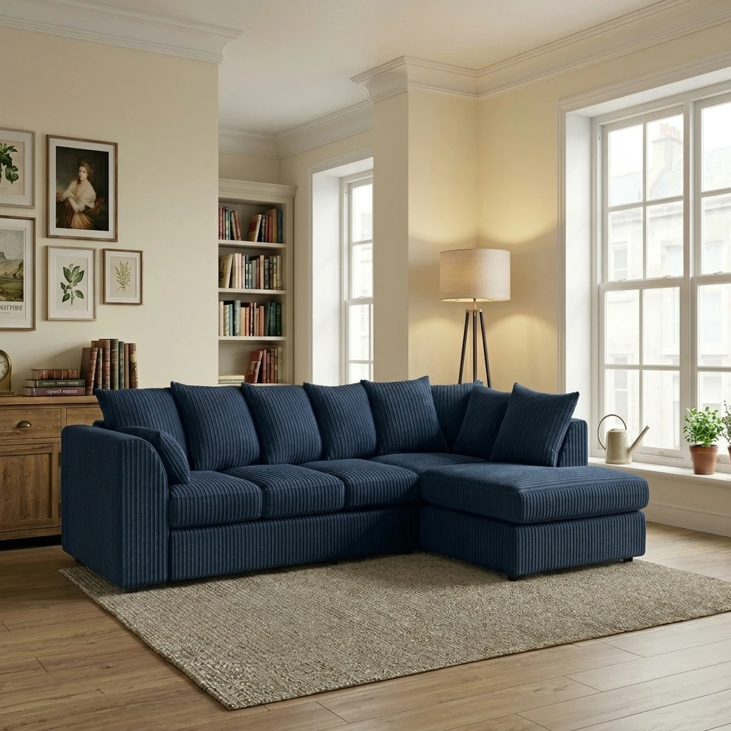 Blue Jumbo Cord Right Hand Corner Sofa – 4–5 Seater L-Shaped Sofa with Chaise & Scatter Back Cushions
