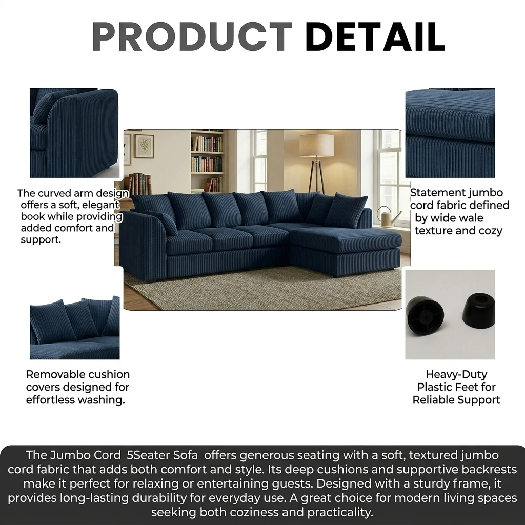 Blue Jumbo Cord Right Hand Corner Sofa – 4–5 Seater L-Shaped Sofa with Chaise & Scatter Back Cushions