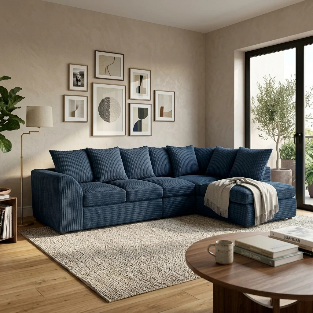 Blue Jumbo Cord Right Hand Corner Sofa – 4–5 Seater L-Shaped Sofa with Chaise & Scatter Back Cushions