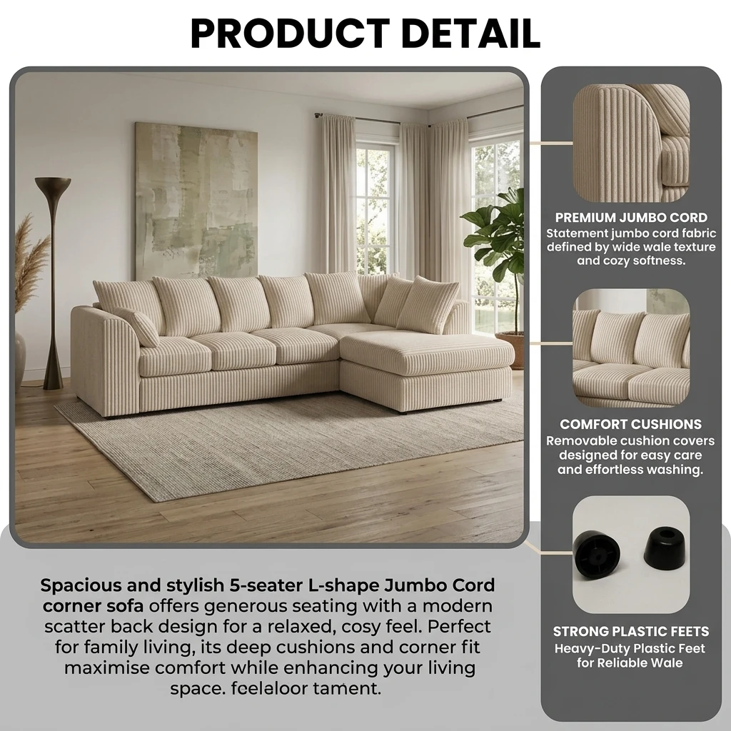 Dylan L Shape Cream Jumbo Cord Scatter Back Sofa – Right Hand Facing Corner Sofa