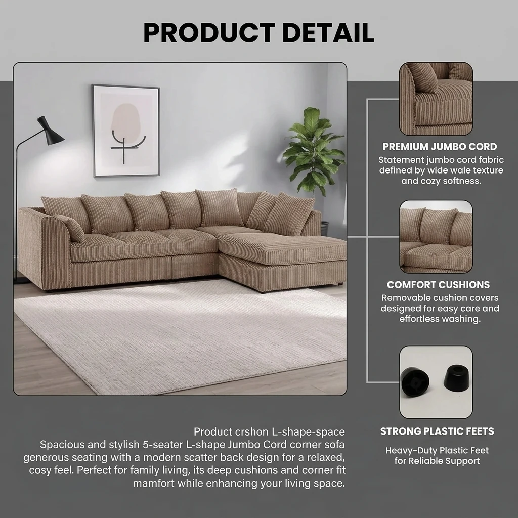 Dylan L Shape Mink Jumbo Cord Scatter Back Sofa – Right Hand Facing Corner Sofa