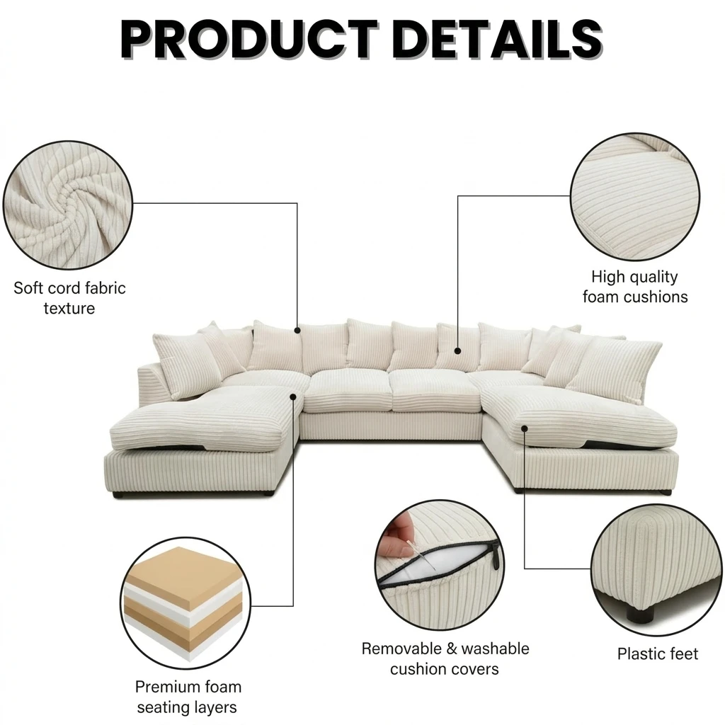 Cream Jumbo Cord U-Shaped Sofa – 6-7 Seater Modular Corner Sofa for Family Living Room
