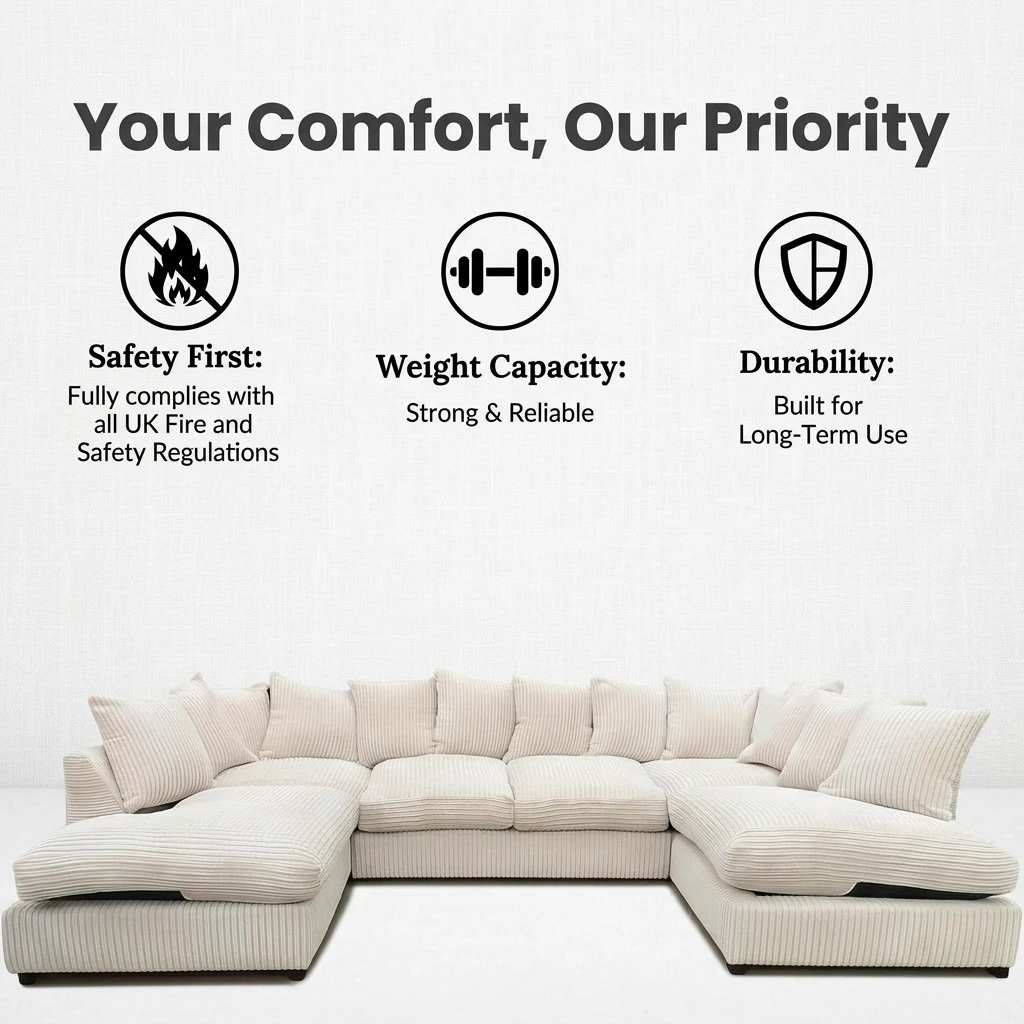 Cream Jumbo Cord U-Shaped Sofa – 6-7 Seater Modular Corner Sofa for Family Living Room