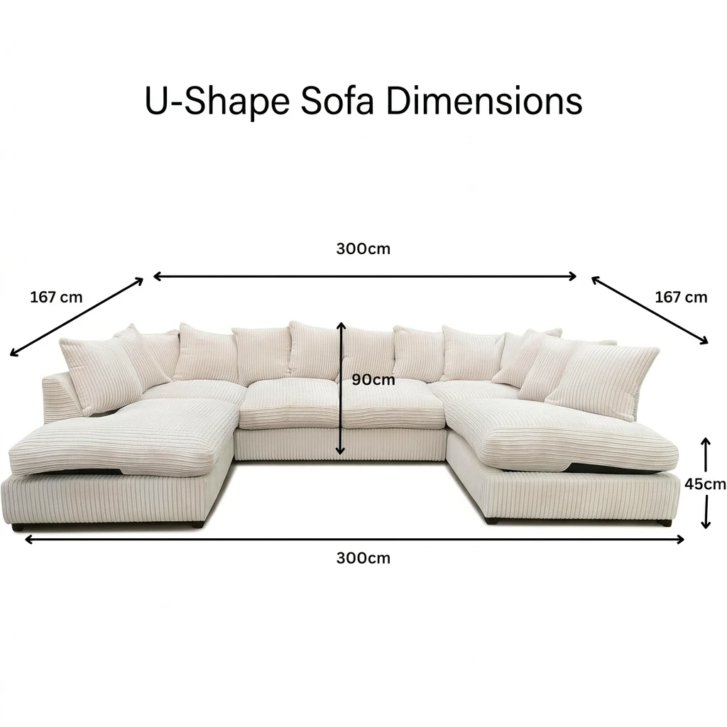 Cream Jumbo Cord U-Shaped Sofa – 6-7 Seater Modular Corner Sofa for Family Living Room