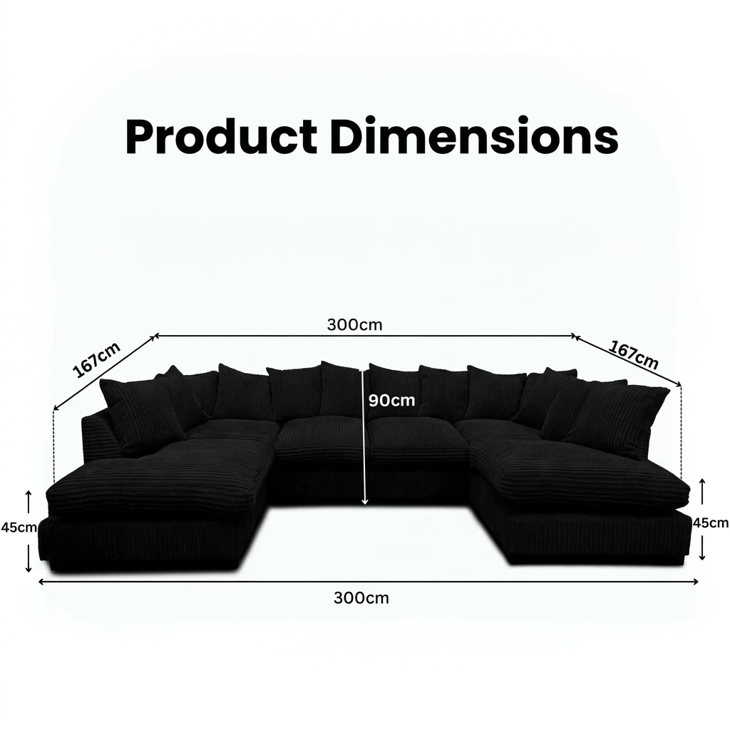Black Jumbo Cord U-Shaped Sofa – 6-7 Seater Modular Corner Sofa for Family Living Room
