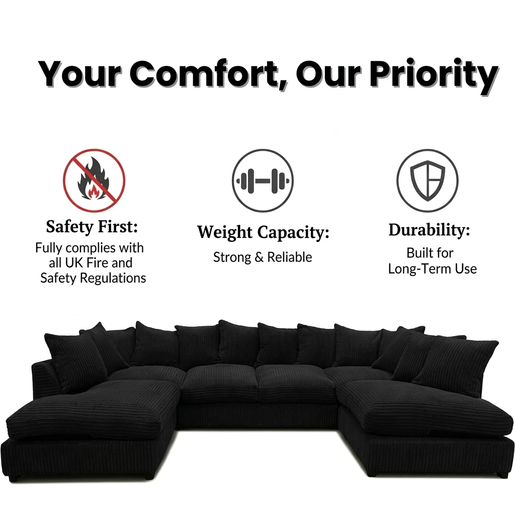 Black Jumbo Cord U-Shaped Sofa – 6-7 Seater Modular Corner Sofa for Family Living Room