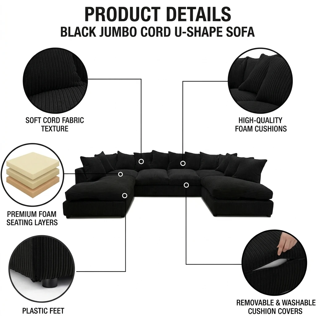 Black Jumbo Cord U-Shaped Sofa – 6-7 Seater Modular Corner Sofa for Family Living Room