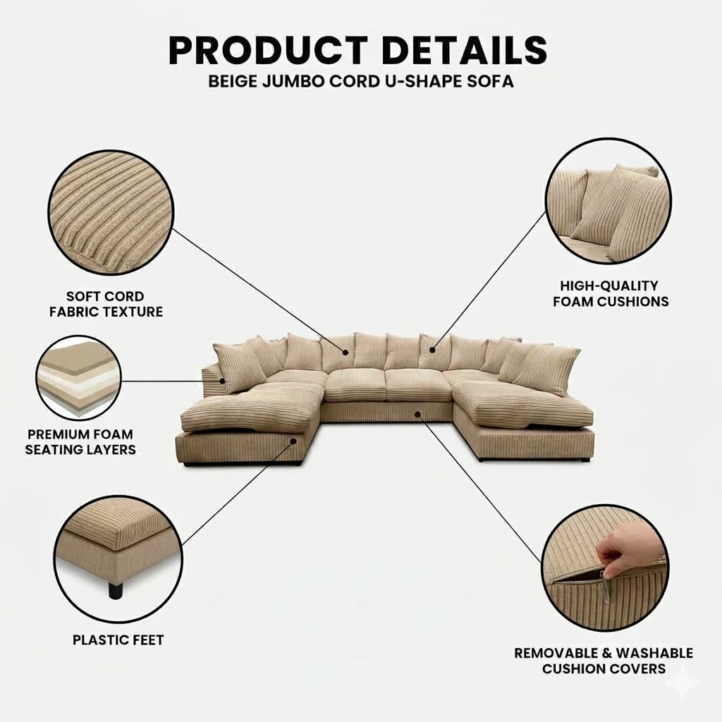 Beige Jumbo Cord U-Shaped Sofa – 6-7 Seater Modular Corner Sofa for Family Living Room