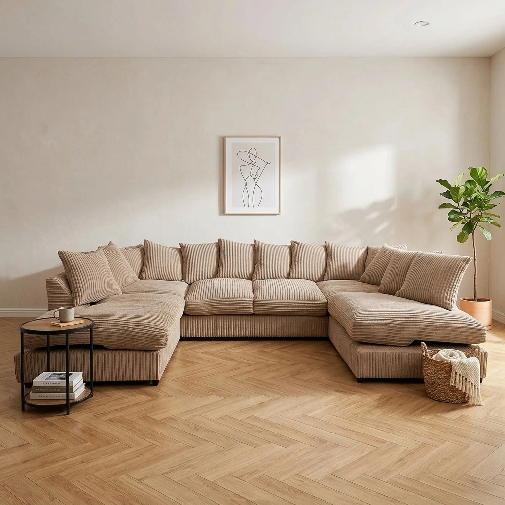 Beige Jumbo Cord U-Shaped Sofa – 6-7 Seater Modular Corner Sofa for Family Living Room