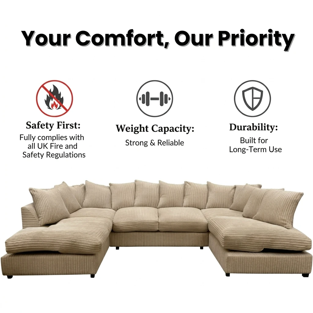 Beige Jumbo Cord U-Shaped Sofa – 6-7 Seater Modular Corner Sofa for Family Living Room