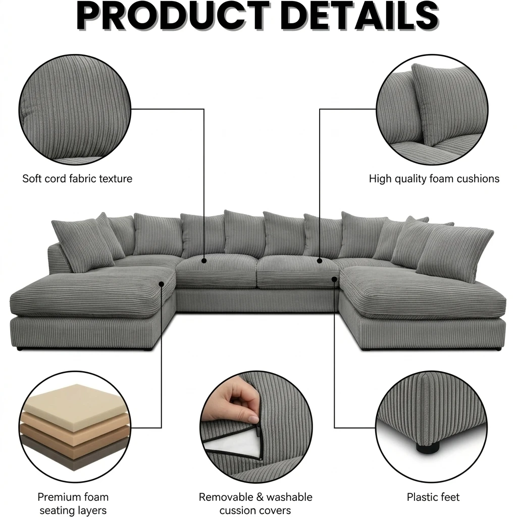 Jumbo Cord U-Shaped Sofa – 6-7 Seater Modular Corner Sofa for Family Living Room