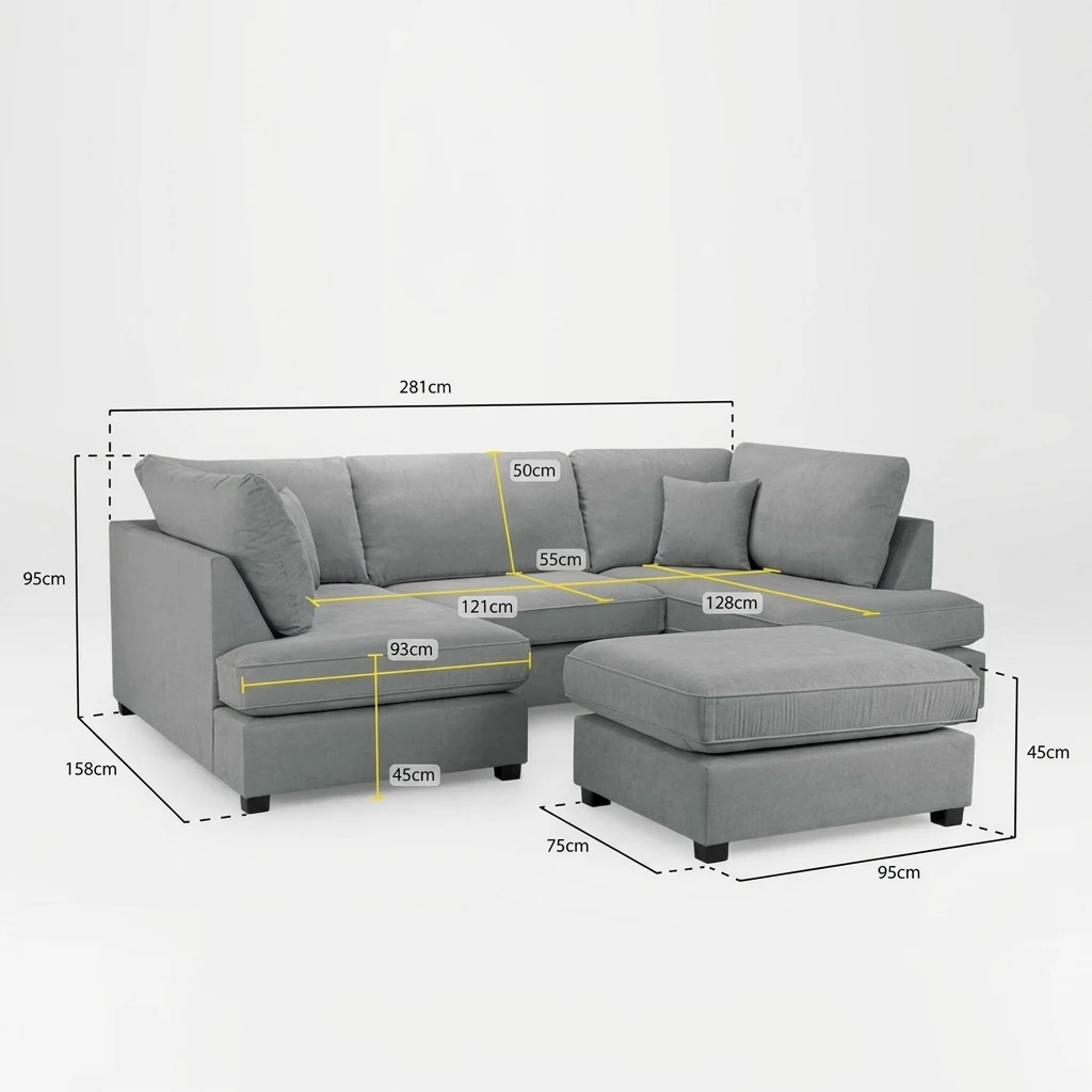 Carnaby Grey U Shape Corner Sofa | Luxury Plush Sofa UK