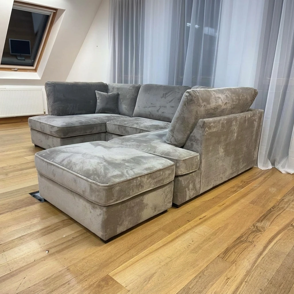 Grey Plush Velvet U-Shaped Sofa – Large 4 Seater Corner Sofa with Footstool & High Back